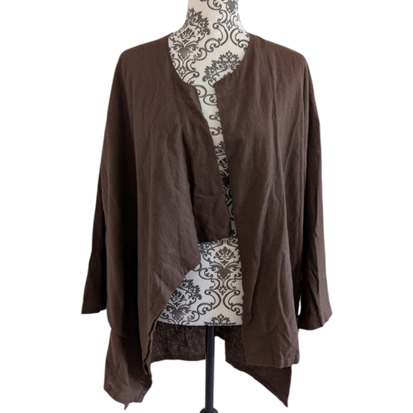 Kaliyana Jacket Womens L Lagenlook Mature Chocolate Brown Linen Assymmetric - Picture 3 of 13